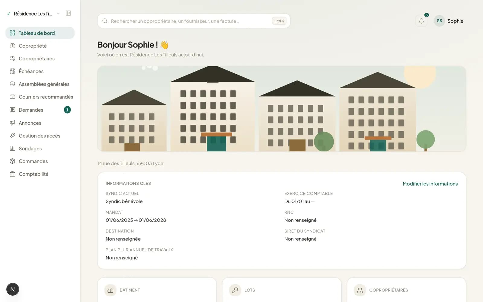 Tableau de bord d'une copropriété dans Syndiko